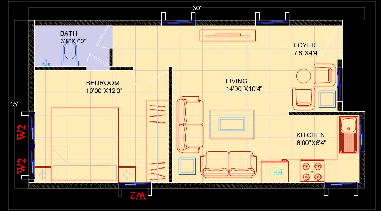 1 BHK Studio Apartment DWG with Interior Space Planning